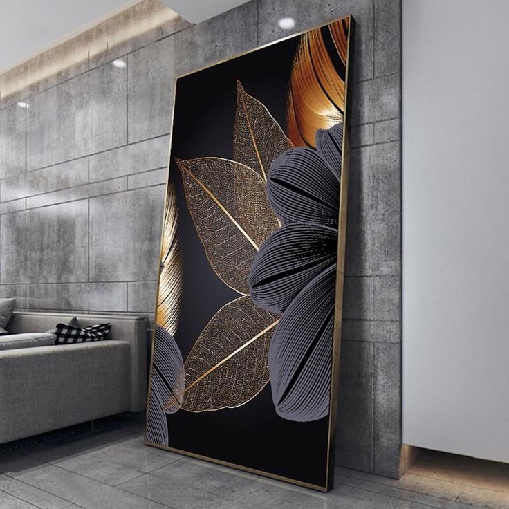 Modern Canvas Wall Art - Black Golden Plant Leaf wall art for living room