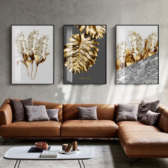 Modern Canvas Wall Art - Nordic Golden Abstract Leaf wall art for living room