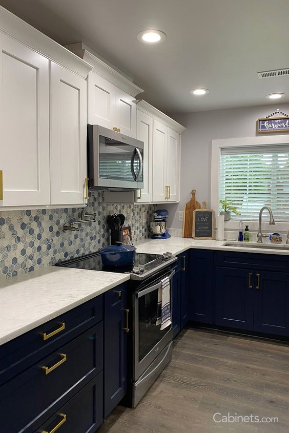 Two Tone Blue and White Kitchen Cabinets - Two-Tone Navy and White Kitchen Cabinets