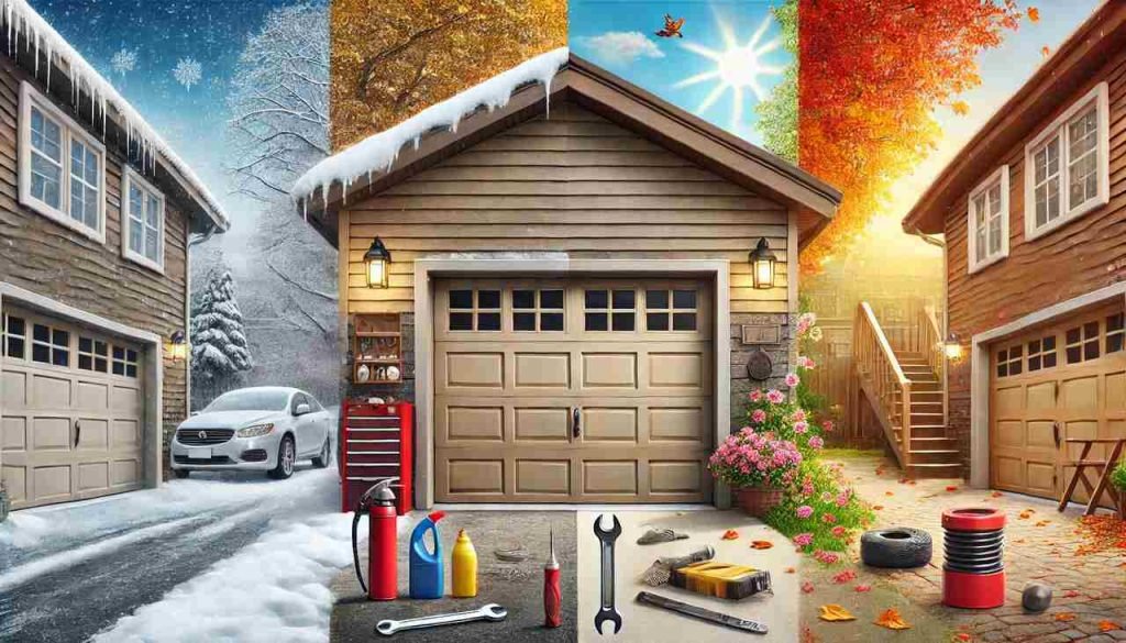 How Seasonal Changes Affect Garage Doors and Practical Solutions for Maintenance A residential garage door surrounded by scenes representing different seasons. Snow and ice appear on one side of the door, autumn leaves fall on another, with bright summer sunshine and blooming spring flowers completing the scene. In front of the door, there are maintenance tools like a wrench, lubricant spray, and a cleaning brush, symbolizing seasonal maintenance solutions.