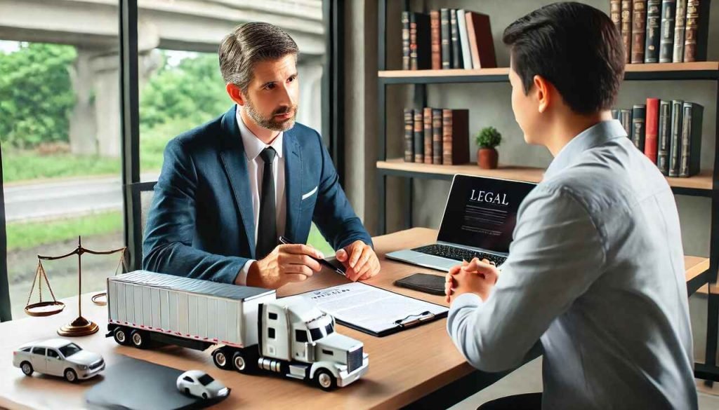 Tractor-trailer injury attorney discussing a legal case with a client after a truck accident.