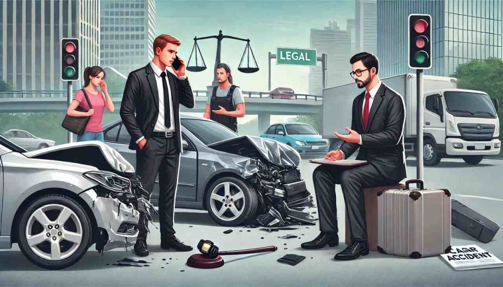 5 Common Causes of Car Accidents and How a Lawyer Can Help Lawyer assisting a driver after a car accident with two damaged vehicles on the road.