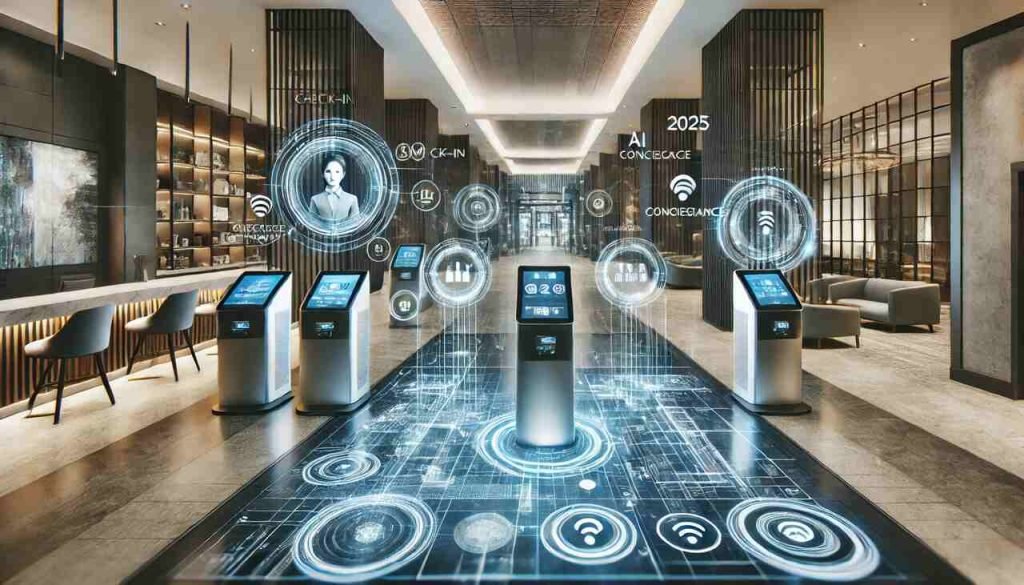 Futuristic hotel lobby with smart check-in kiosks, AI concierge, and digital booking systems.