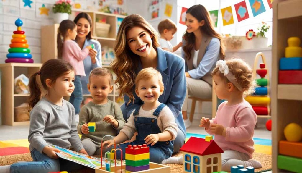 Professional caregivers nurturing children in an educational childcare setting.