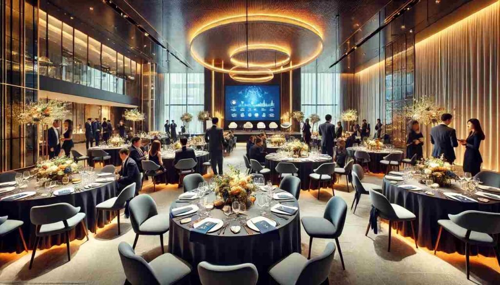 Stylish corporate event venue with elegant décor and engaged attendees.