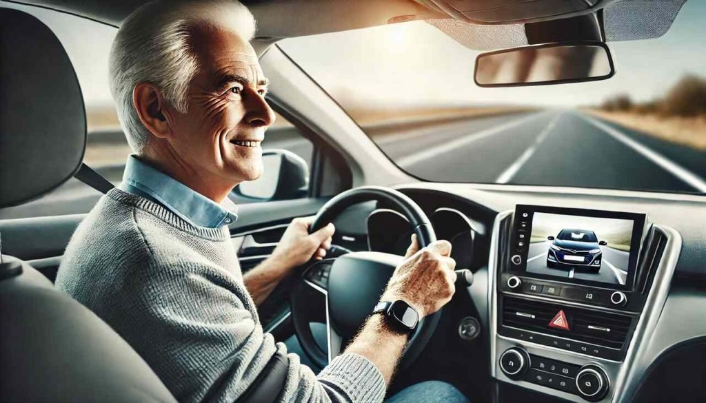 Driving Toward Safety: Comprehensive Tips for Elderly Drivers An elderly driver confidently driving a modern car, focusing on the road with a relaxed yet attentive posture.