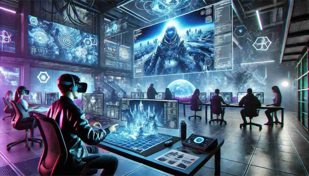 Futuristic game development setup with advanced tools and technology.