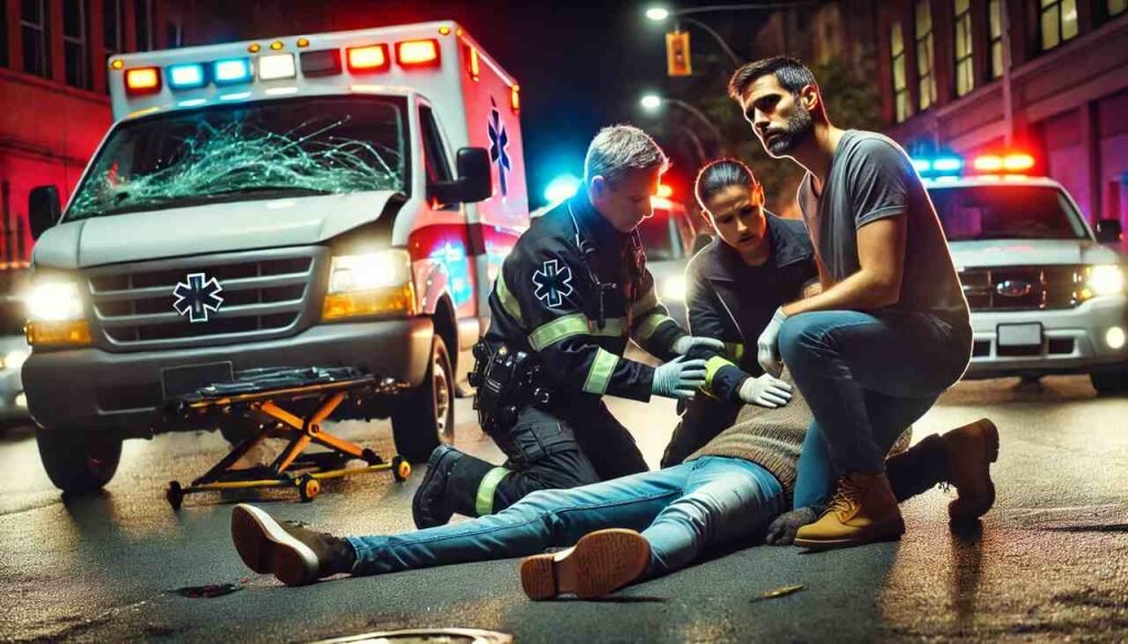 How to Deal with Catastrophic Injuries After an Uber or Lyft Crash Rideshare accident scene with emergency responders aiding an injured passenger.