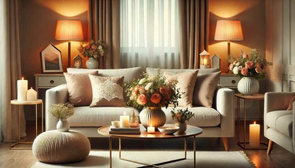 A cozy living room with a welcoming setup for guests, featuring comfortable seating and refreshments.