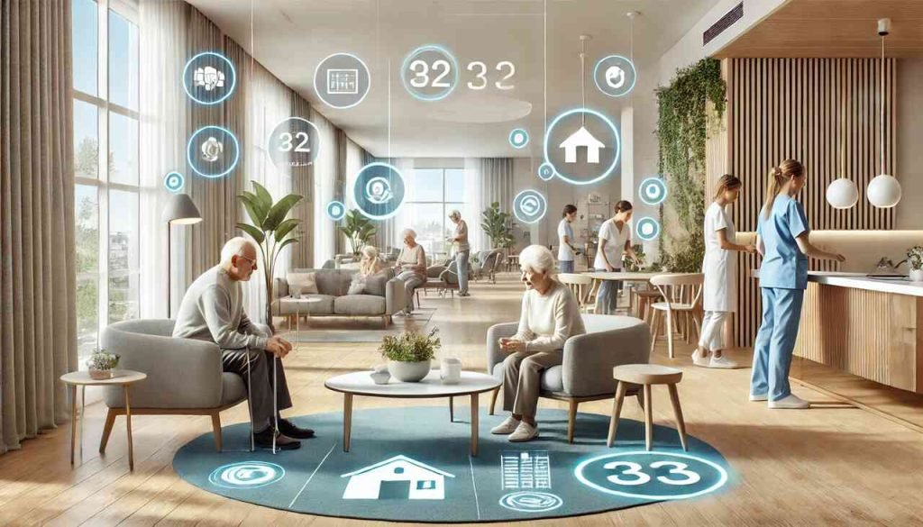 Innovative Approaches in Assisted Living for Seniors Seniors in a modern assisted living facility with caregivers and smart technology.
