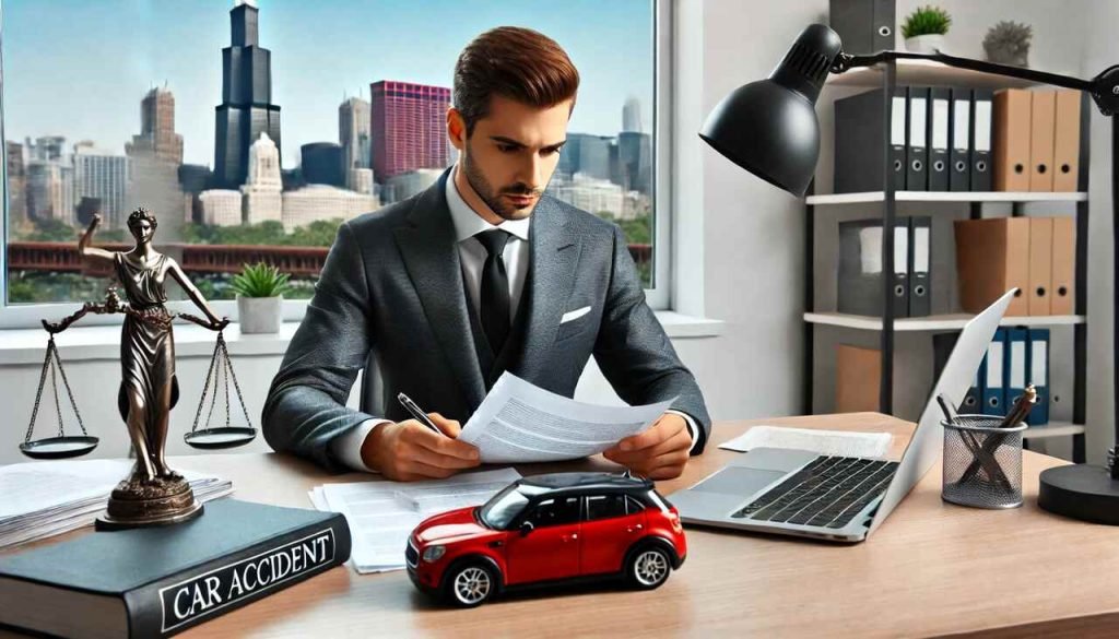 Chicago lawyer analyzing car accident case files with legal documents and a laptop.