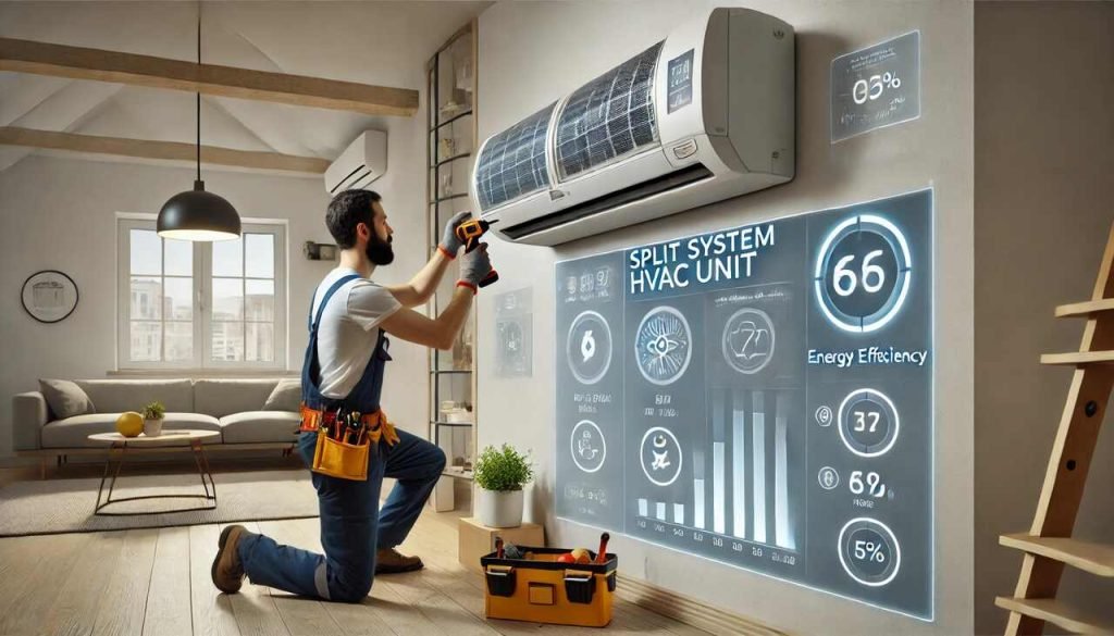 What to Consider When Choosing a Split System HVAC Unit Technician installing a split system HVAC unit in a home.