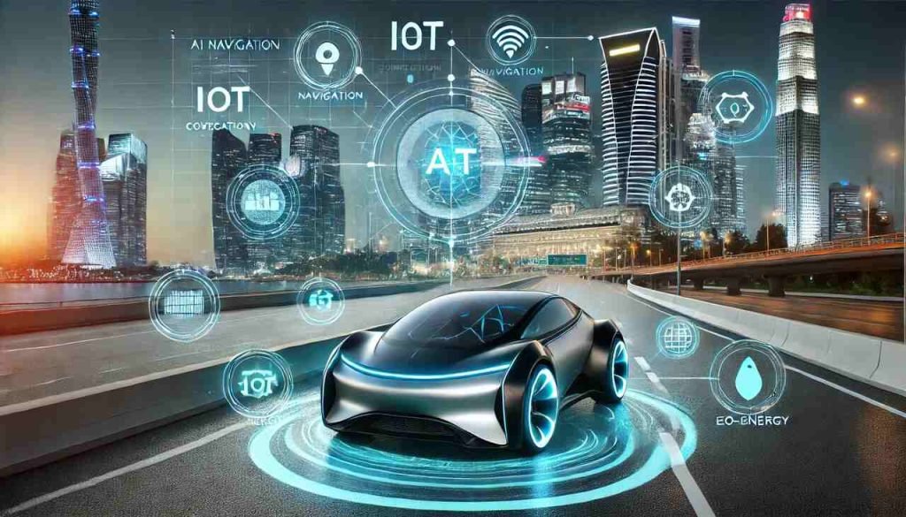 Futuristic self-driving electric car with AI-powered technology on a smart road.