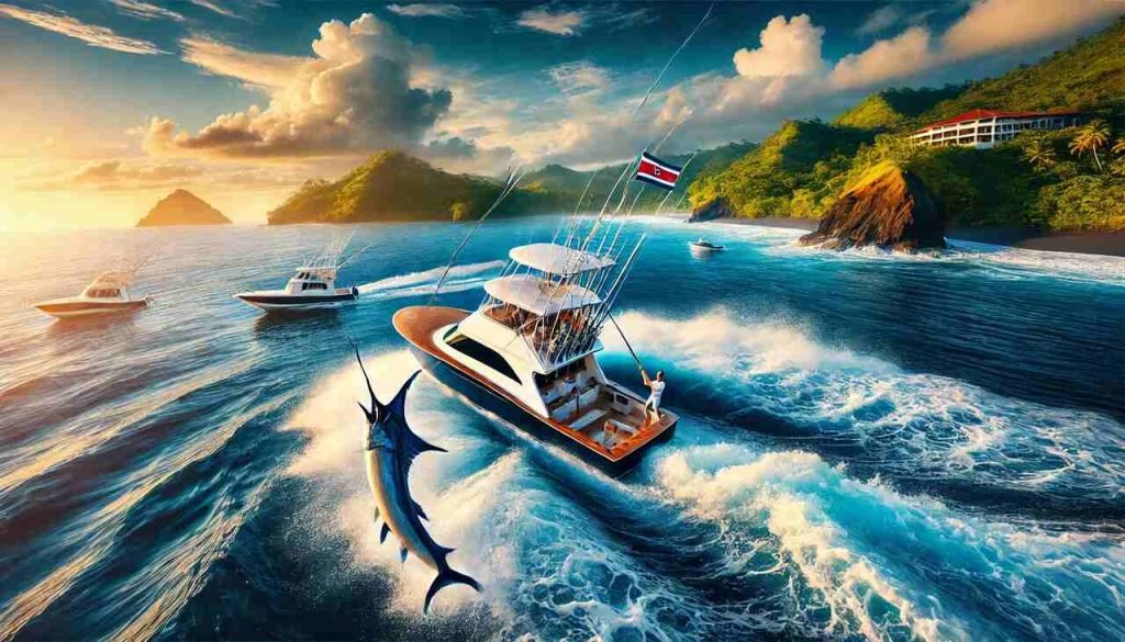 Anglers on a Costa Rica fishing charter reeling in a large fish against a tropical ocean backdrop.
