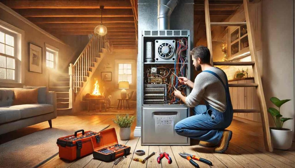 Homeowner repairing a furnace with tools, ensuring efficient heating.