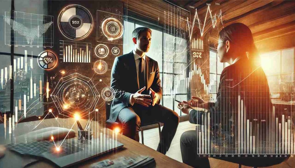 Financial advisor guiding a client with investment charts and market trends.