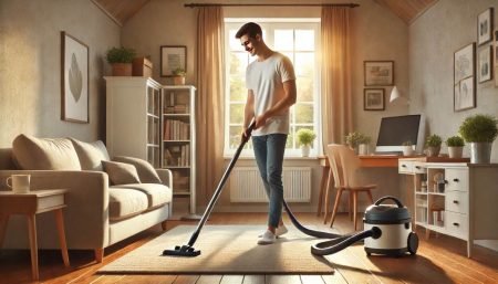 Person learning life skills through household chores in a clean, sunlit home.