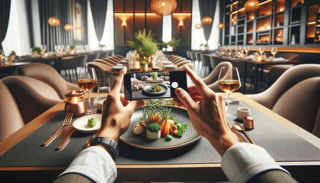A person taking a stylish food photo at a restaurant with a smartphone.