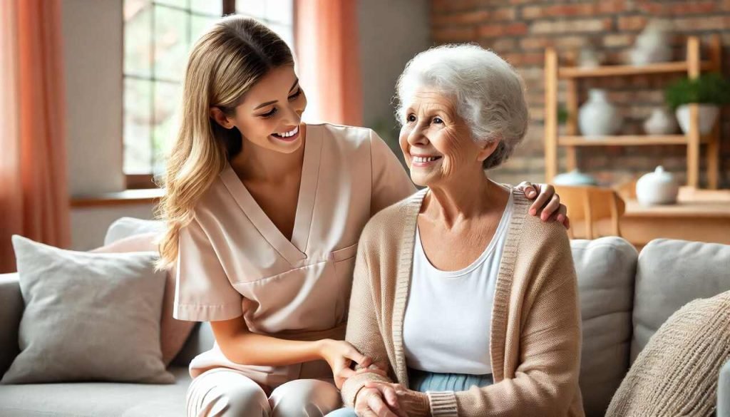 Is It Time for In-Home Aged Care for Your Loved One? Caregiver helping an elderly person in a comfortable home environment.