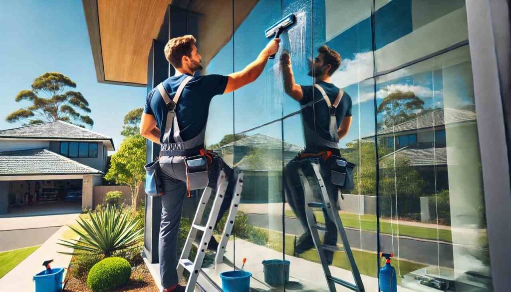 Professional window cleaner in Perth cleaning glass with squeegee on a modern house.