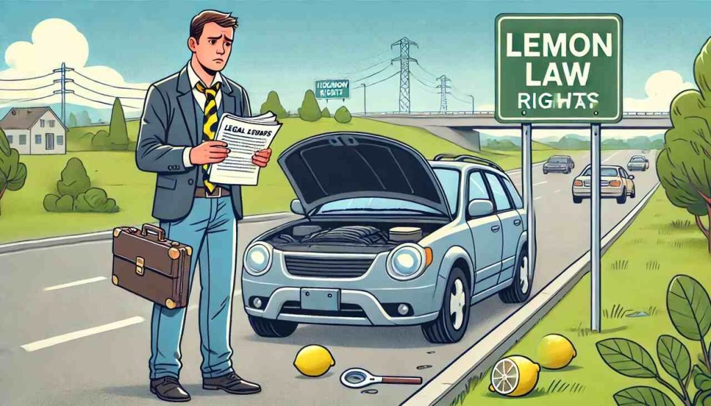 Frustrated driver next to broken car with Lemon Law sign