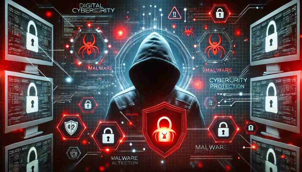 Cybersecurity concept with a hacker, malware warnings, and a protective shield.