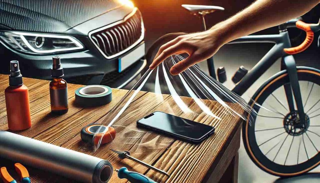 Paint protection film applied to a car, bicycle, smartphone, and wooden table for durability.