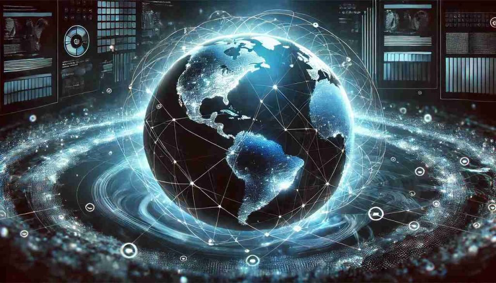 A digital network map showcasing global connectivity with bright interconnected nodes.