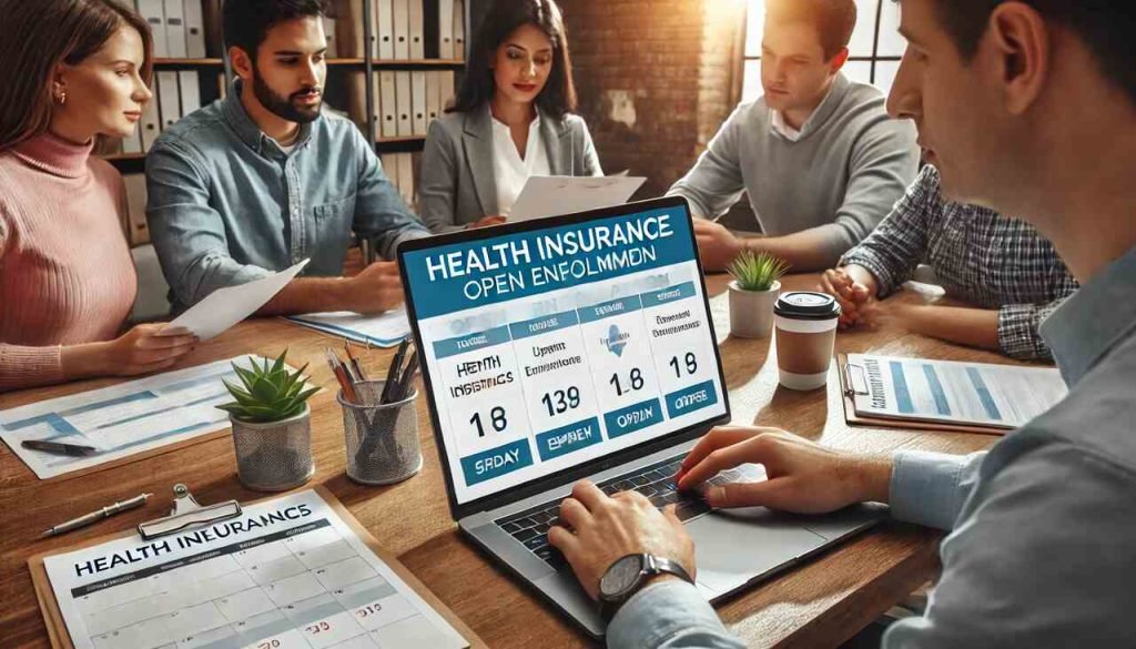 Understanding Open Enrollment: When and How to Change Your Health Insurance Plan People discussing health insurance options with an open enrollment calendar in the background.