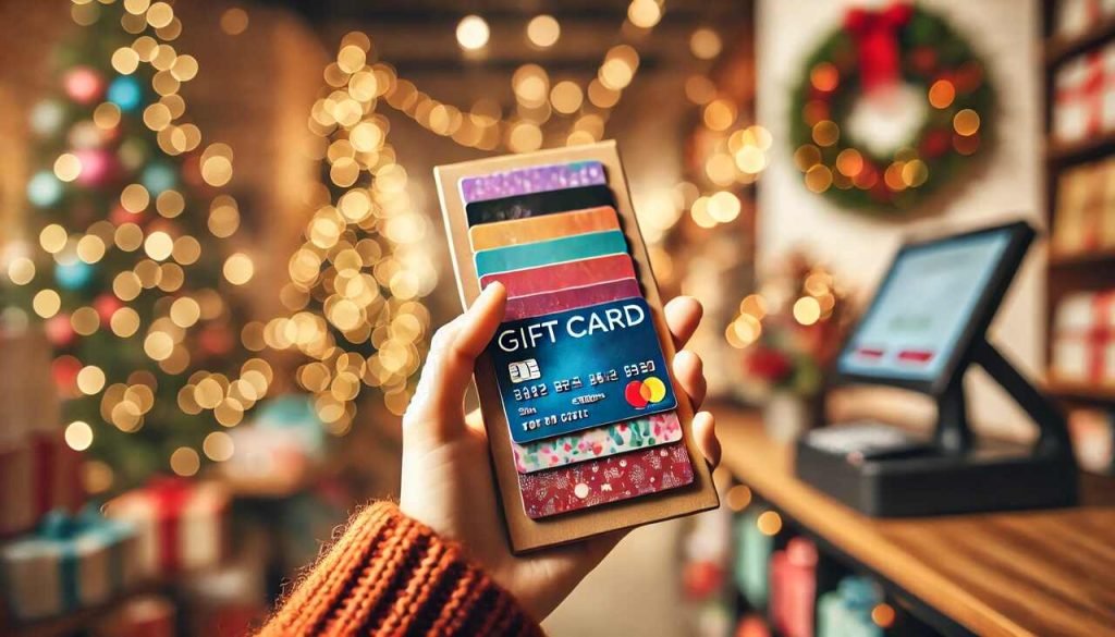 Why Buying Gift Cards Is More Than Just a Purchase Hand holding colorful gift cards in a festive shopping setting.