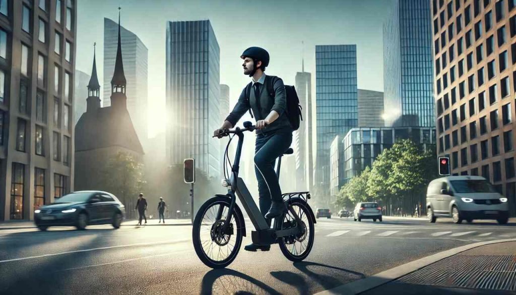 Urban commuter on an electric bike in a busy city street