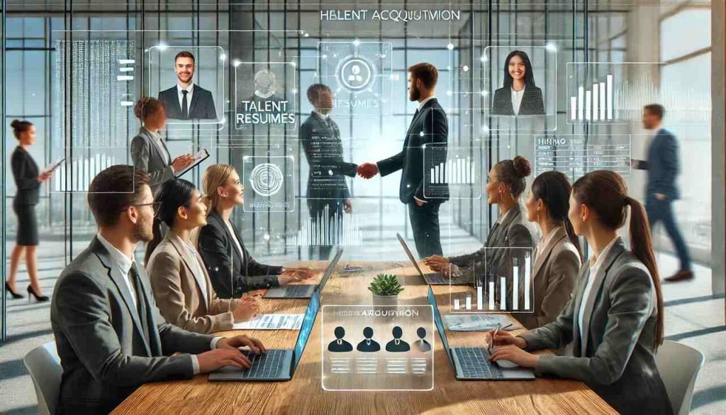 The Art and Science of Effective Talent Acquisition HR team reviewing resumes and interviewing a job candidate in a modern office.