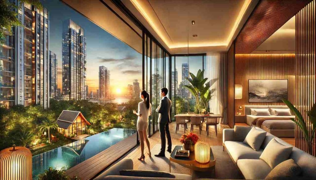 3 Great Tips That Can Be Used When Searching For The Perfect Condo For Sale In Thailand Couple touring a luxury condo in Thailand with a city skyline view.