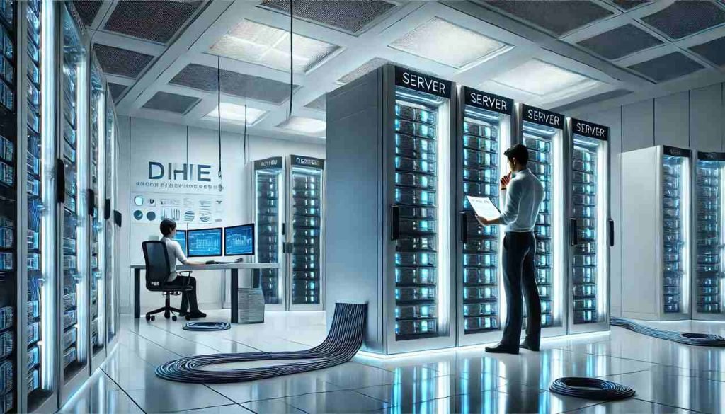 A Beginner’s Guide to Understanding Server Racks Illustration of a server room with organized server racks and a technician.