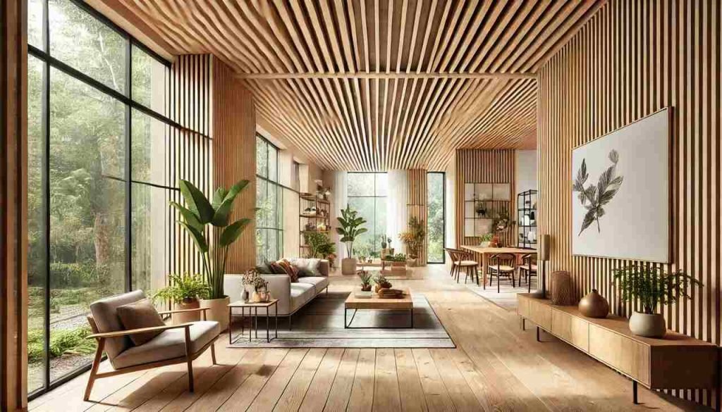 Modern interior with timber battens on walls and ceiling