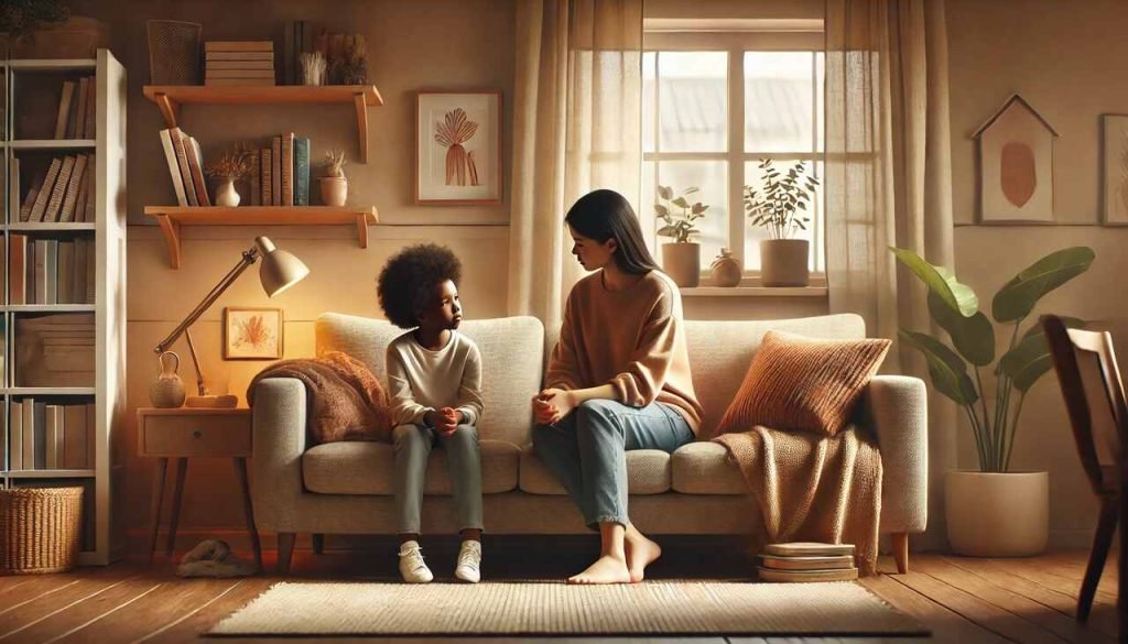 How to Be a Supportive Parent Parent and child talking on a cozy living room couch, sharing a supportive moment.