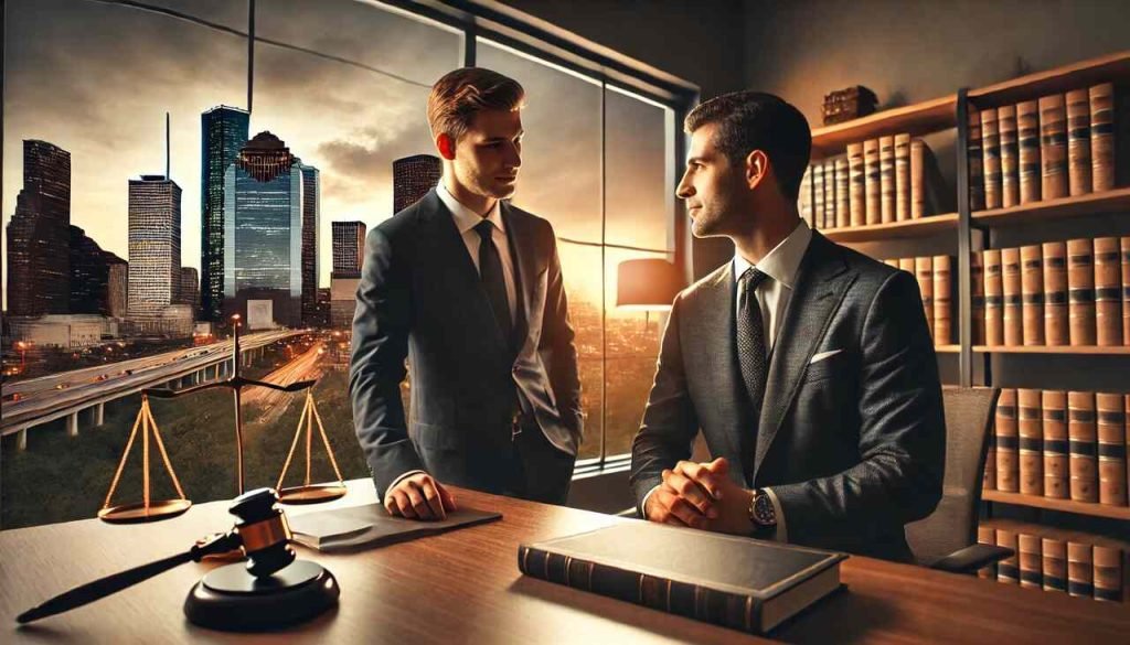 Lawyer and client shaking hands in front of Houston courthouse