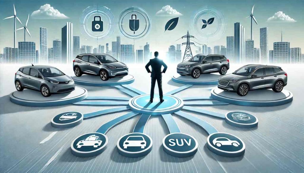 Person choosing between electric, hybrid, SUV, and compact vehicles at dealership