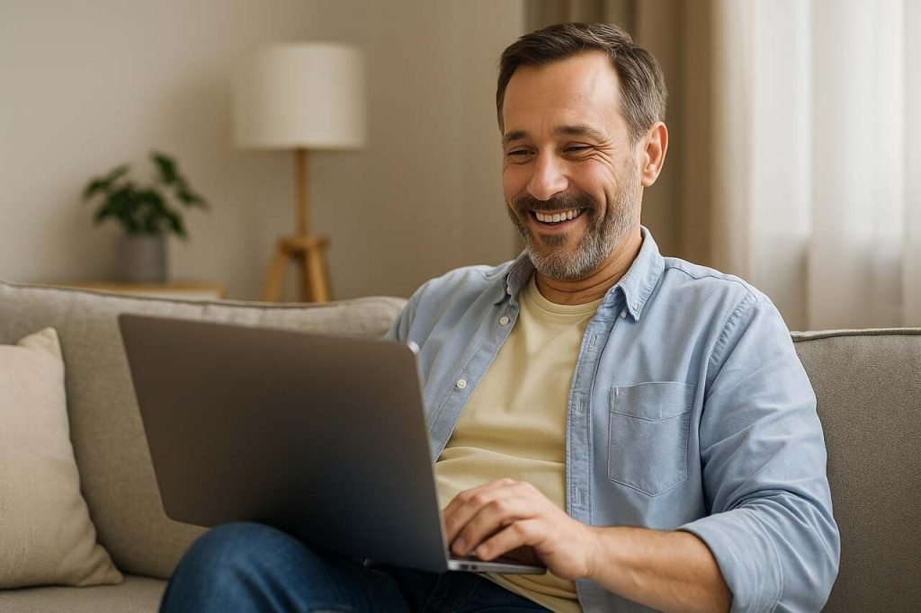 Private, Professional, Powerful: How Online ED Treatment Is Changing the Game Man smiling during an online health consultation at home.