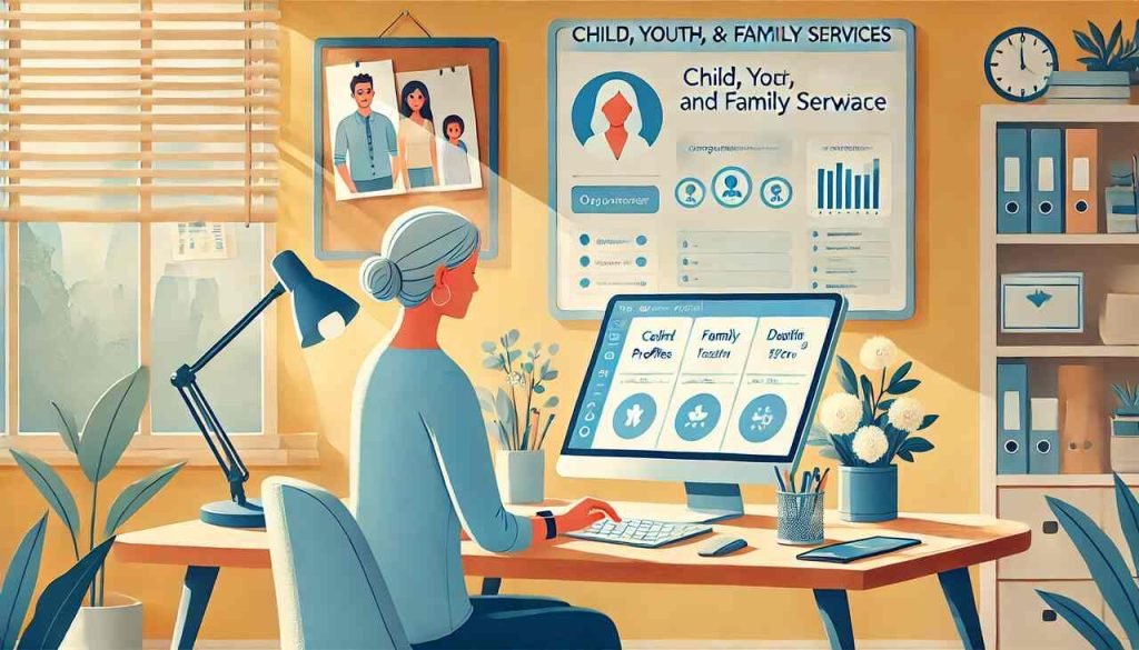 Social worker using software for tracking child and family services