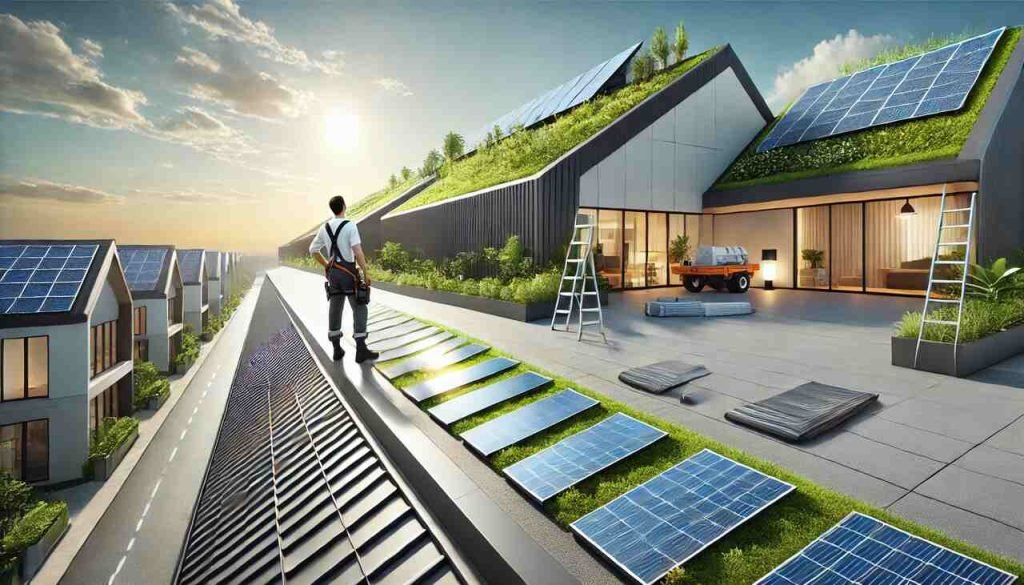 The Art and Science of Modern Roofing – Innovations and Best Practices Modern rooftop with solar panels, green roofing, and roofer inspecting.