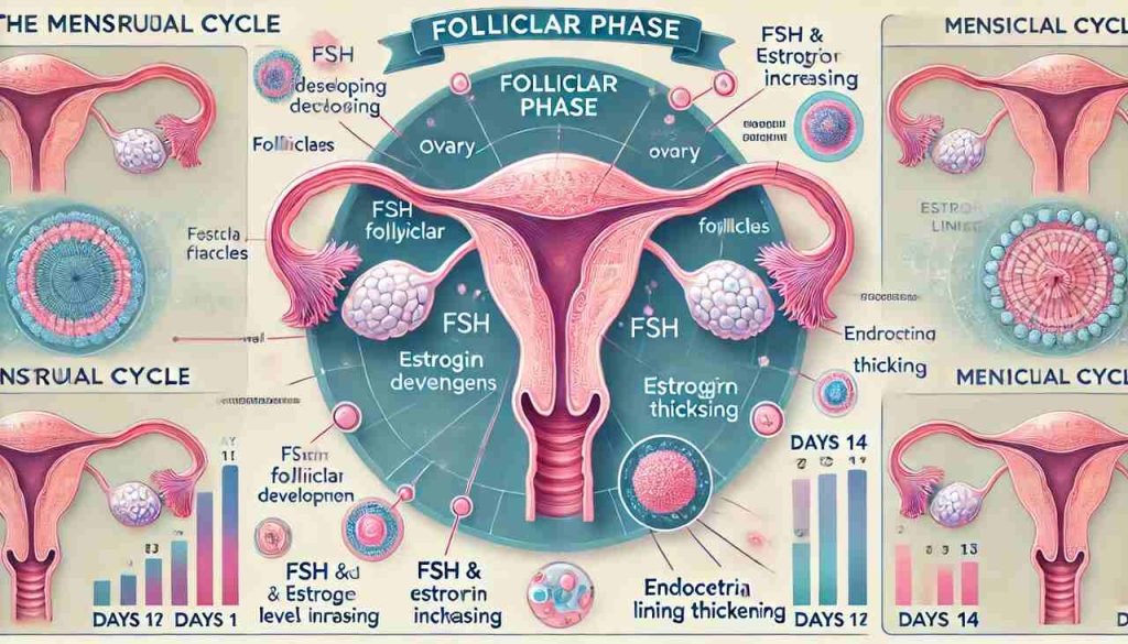 What Is the Follicular Cycle of Menstruation? Infographic of follicular phase with ovary, hormones, and menstrual cycle timeline.