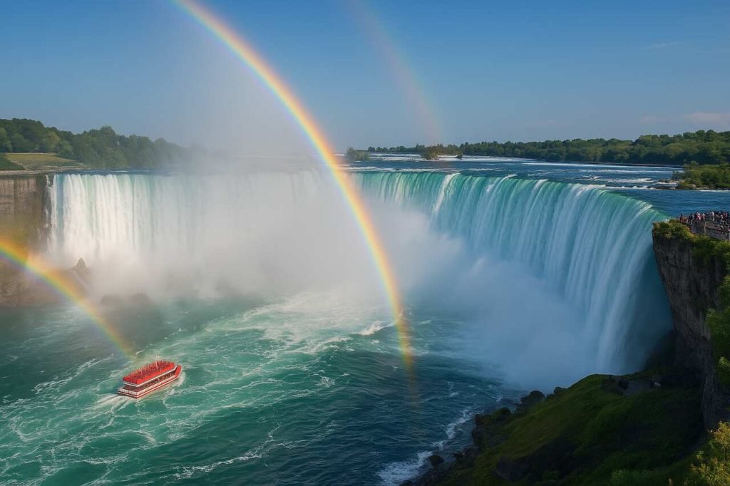 Niagara Falls with rainbows, tour boat, and scenic viewpoint in daylight.