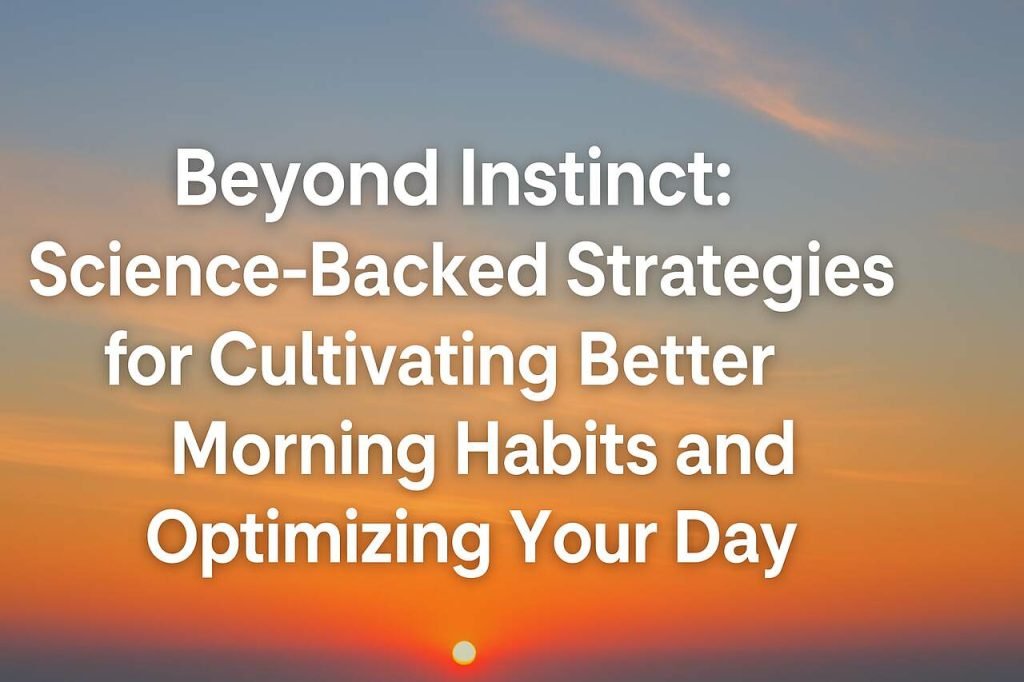 Sunrise with article title on morning habit strategies.