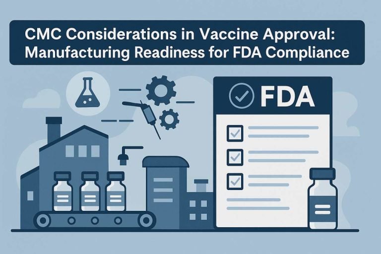 Vaccine facility with FDA compliance checklist and manufacturing icons.