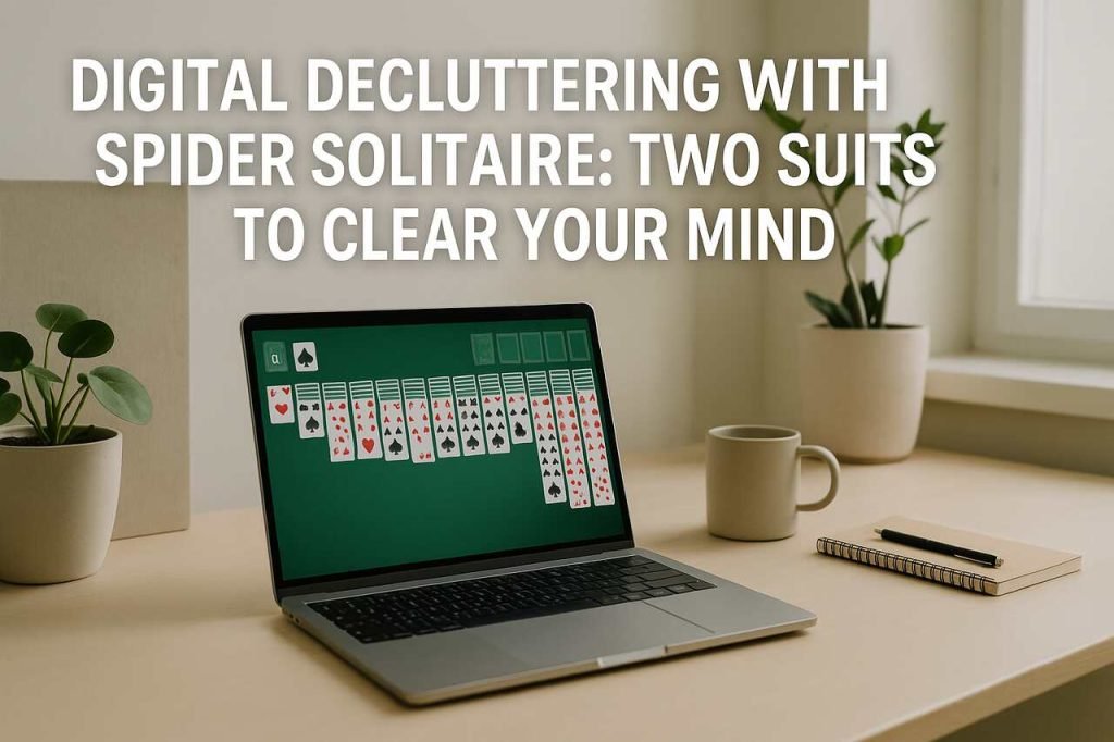 Spider Solitaire Two Suits game on a laptop in a serene, clutter-free workspace
