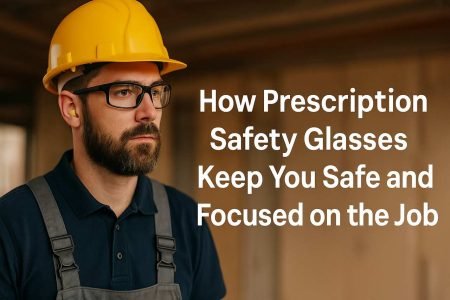 Construction worker wearing prescription safety glasses and hard hat.