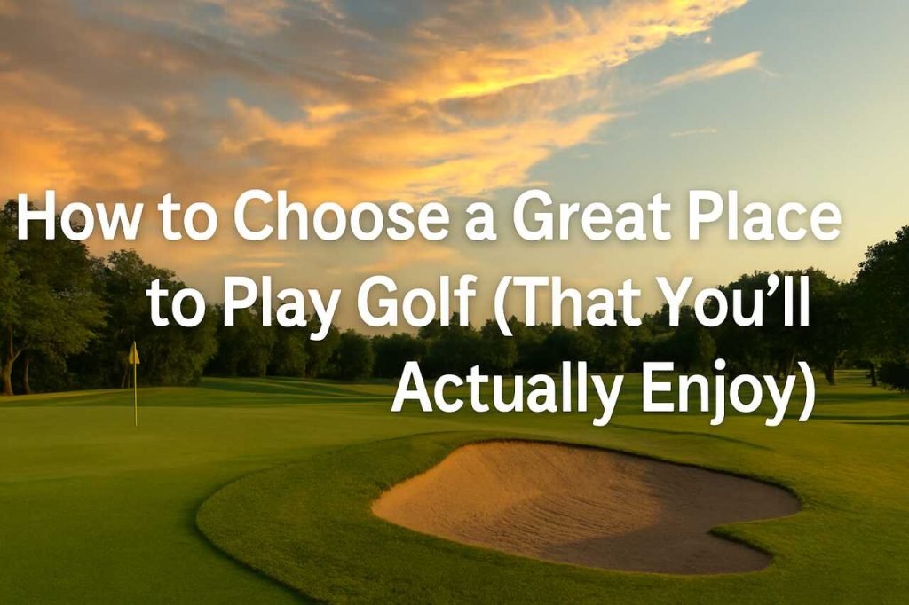 How to Choose a Great Place to Play Golf (That You’ll Actually Enjoy) Scenic golf course at sunset with green, bunker, and flagstick.
