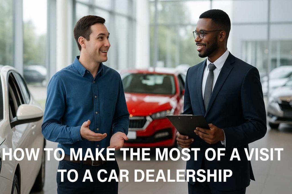 Car buyer speaking with a dealership representative inside a showroom.