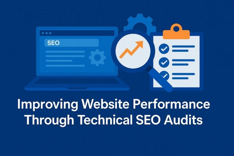 Improving Website Performance Through Technical SEO Audits Technical SEO audit illustration with laptop, graph, and checklist.